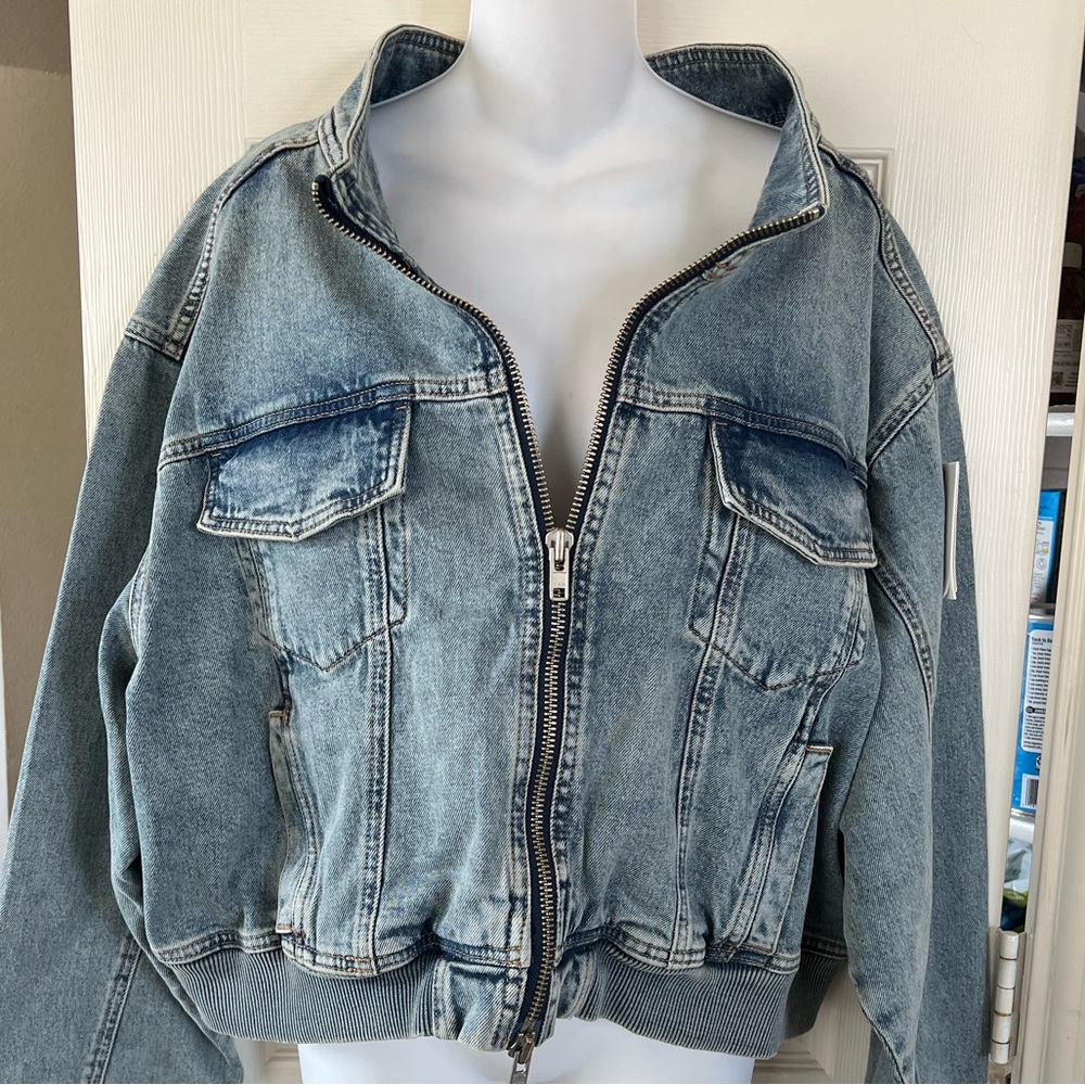 Good American Cropped Ribbed Trims Relaxed Fit Denim Jacket 2XL - Picture 7 of 14